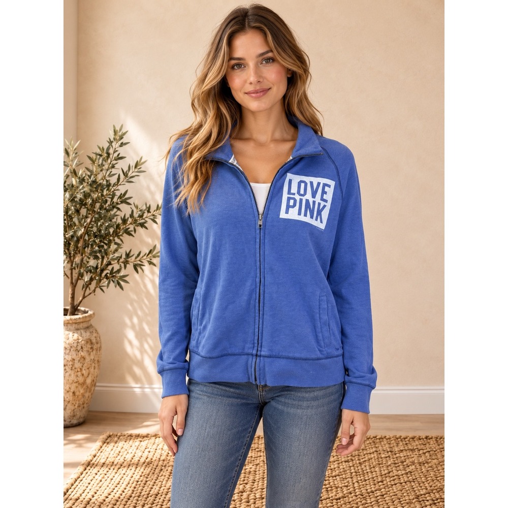 Victoria's Secret PINK Blue Full Zip Hoodie Sweatshirt LOVE PINK Graphic Medium